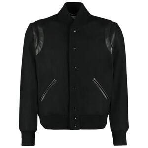 Saint Laurent Teddy Wool Bomber Jacket Black Leather Trim 46 Italy Unisex